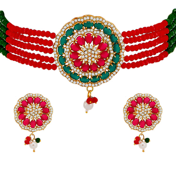 Red & Green Gold-Plated American Diamond Studded Choker Necklace with Earrings