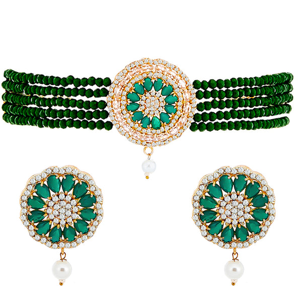 Green American Diamond Gold-Plated Studded Beaded Choker Necklace with Earring Fashion Jewellery Set