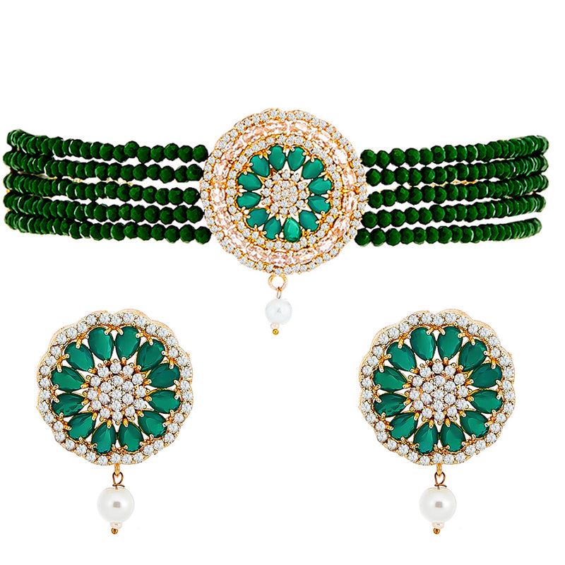 Green American Diamond Gold-Plated Studded Beaded Choker Necklace with Earring Fashion Jewellery Set