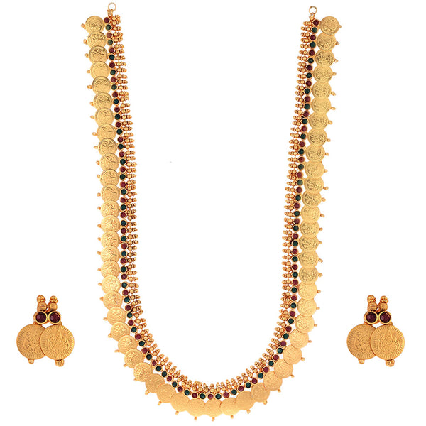 Jewellery Set Gold Plated Long Traditional Maharani Beads Studded Temple Coin Necklace Set with Earrings Jewellery For Women & Girls