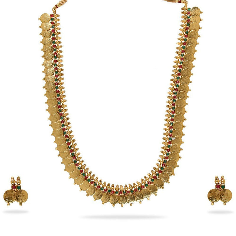 Jewellery Set Gold Plated Long Traditional Maharani Beads Studded Temple Coin Necklace Set with Earrings Jewellery For Women & Girls