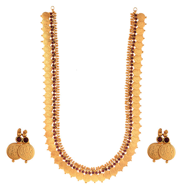 Jewellery Set Gold Plated Long Traditional Maharani Red Pearl Studded Temple Coin Necklace Set with Earrings Jewellery For Women & Girls