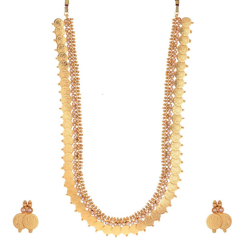 Jewellery Set Gold Plated Long Traditional Maharani White Pearl Studded Temple Coin Necklace Set with Earrings Jew