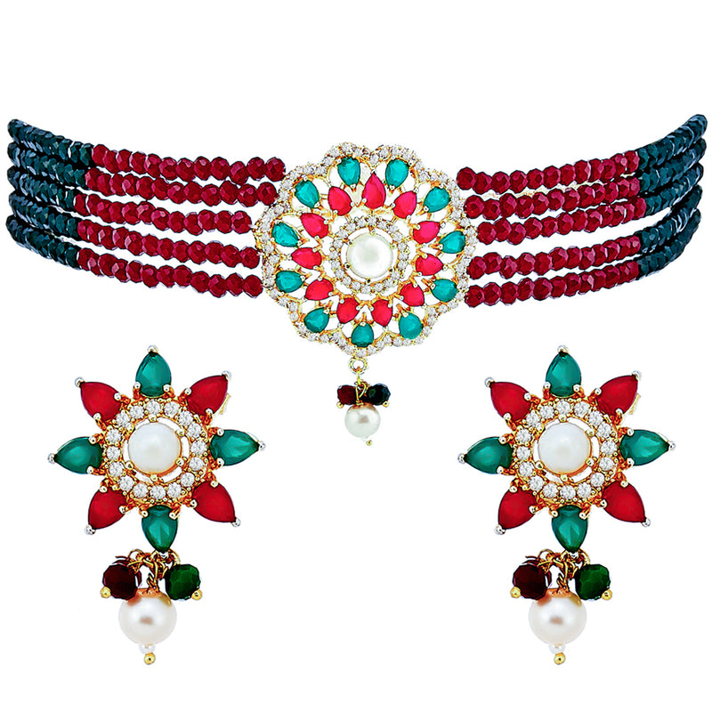 Red & Green Gold-Plated American Diamond Stone Studded & Beaded Jewellery Set