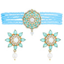 Teal Blue & Turquoise Blue Gold-Plated American Diamond Studded & Beaded Multistrand Necklace Set