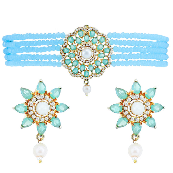 Teal Blue & Turquoise Blue Gold-Plated American Diamond Studded & Beaded Multistrand Necklace Set