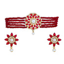 Gold-Toned Red & White American Diamond-Studded & Beaded Choker Jewellery Set