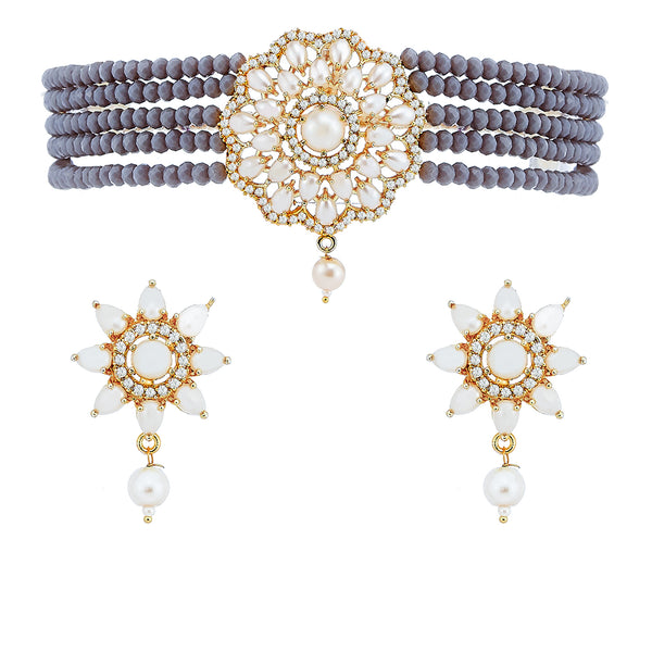 Grey Gold-plated Kundan Studded & Beaded Multistrand Choker Necklace Jewellery Set