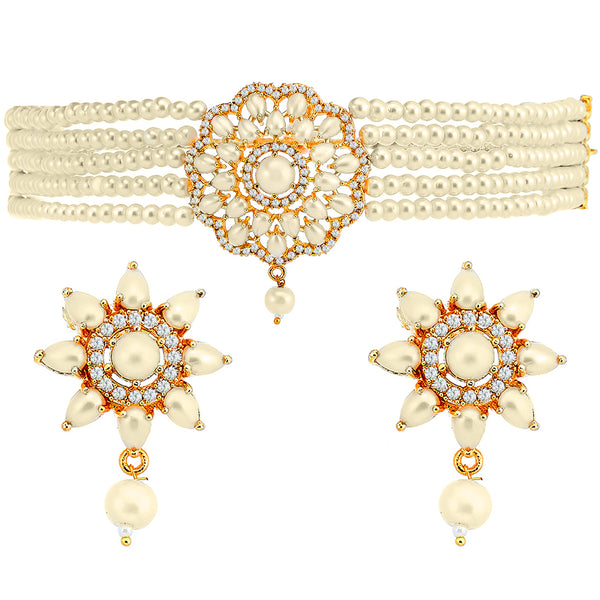 Multi-String Choker Off White Pearl Studded Jewelry Set