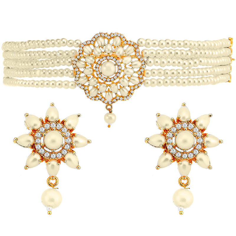 Multi-String Choker Off White Pearl Studded Jewelry Set