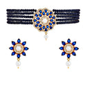 Floral Gold-Plated Navy Blue & White American Diamond Studded & Beaded Jewellery Set