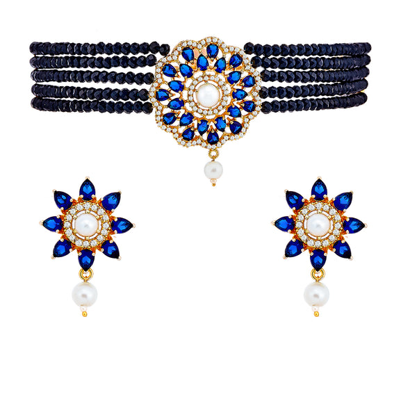 Floral Gold-Plated Navy Blue & White American Diamond Studded & Beaded Jewellery Set