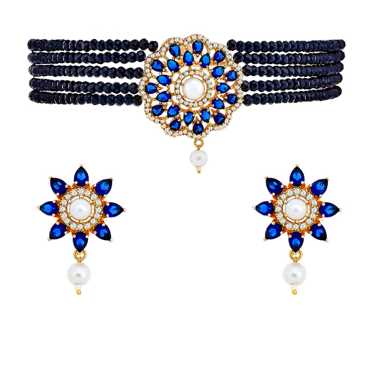 Floral Gold-Plated Navy Blue & White American Diamond Studded & Beaded Jewellery Set