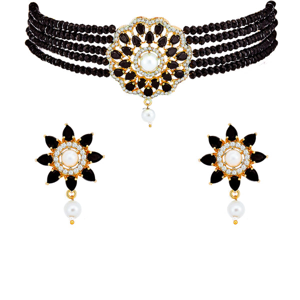 Multi-String Choker Gold-Plated Black & White AD-Studded & Beaded Jewellery Set