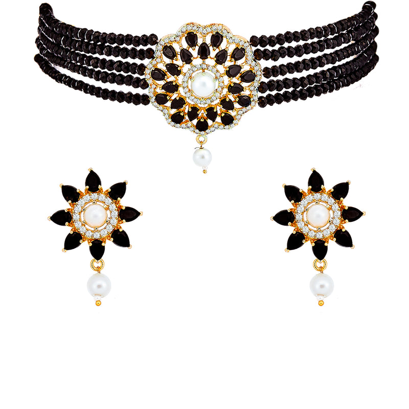 Multi-String Choker Gold-Plated Black & White AD-Studded & Beaded Jewellery Set
