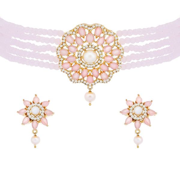 Multi-String Gold-Plated Pink & White Kundan Studded & Beaded Floral Shaped Choker Jewellery Set