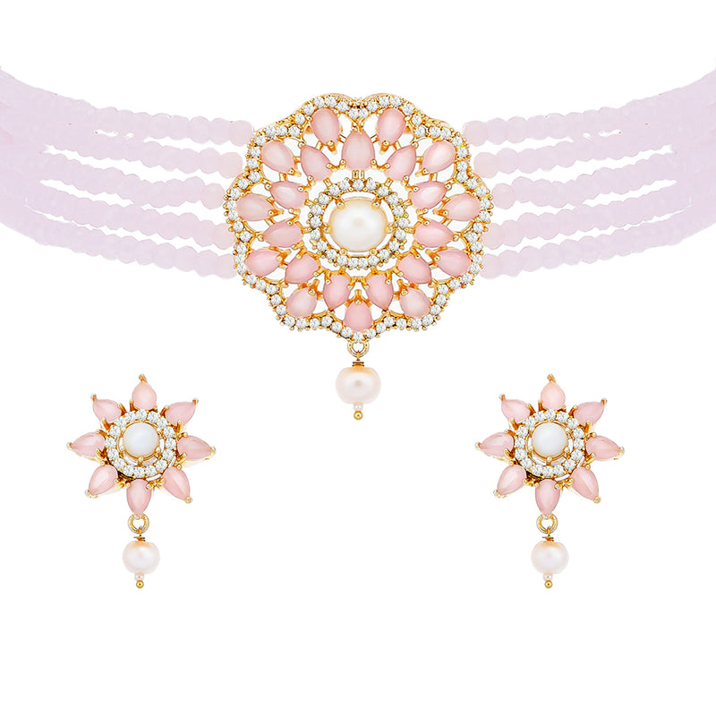 Multi-String Gold-Plated Pink & White Kundan Studded & Beaded Floral Shaped Choker Jewellery Set