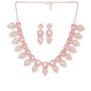 Rose Gold Plated Teardrop Shaped Floral Design & Pink Square AD Studded Necklace Set With Drop Earrings