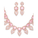 Rose Gold Plated Teardrop Shaped Floral Design & Pink Square AD Studded Necklace Set With Drop Earrings