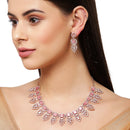 Rose Gold Plated Teardrop Shaped Floral Design & Pink Square AD Studded Necklace Set With Drop Earrings