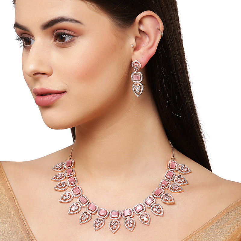 Rose Gold Plated Teardrop Shaped Floral Design & Pink Square AD Studded Necklace Set With Drop Earrings