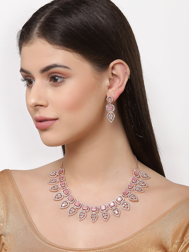 Rose Gold Plated Teardrop Shaped Floral Design & Pink Square AD Studded Necklace Set With Drop Earrings
