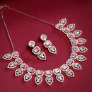 Rose Gold Plated Teardrop Shaped Floral Design & Pink Square AD Studded Necklace Set With Drop Earrings