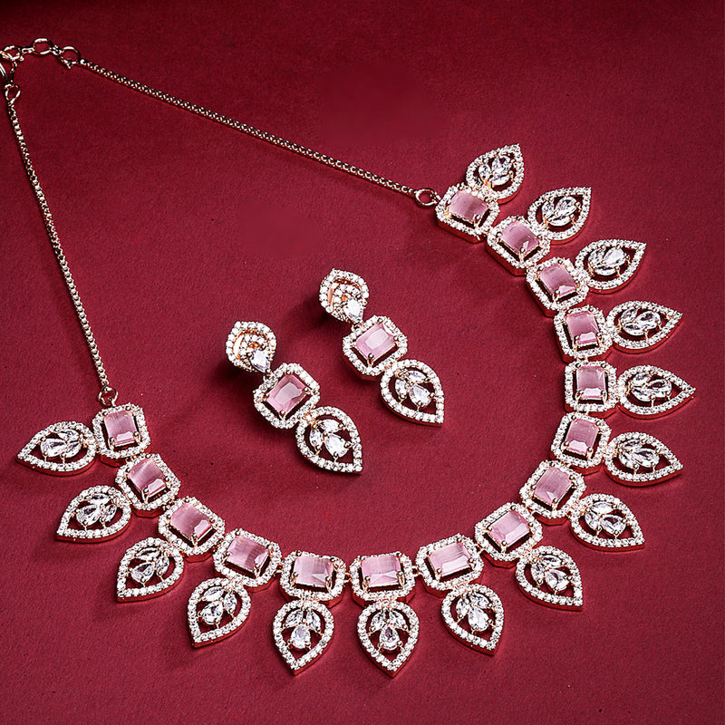 Rose Gold Plated Teardrop Shaped Floral Design & Pink Square AD Studded Necklace Set With Drop Earrings