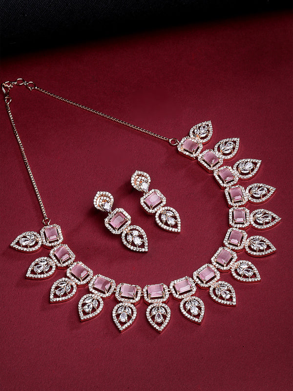 Rose Gold Plated Teardrop Shaped Floral Design & Pink Square AD Studded Necklace Set With Drop Earrings