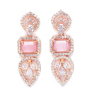 Rose Gold Plated Teardrop Shaped Floral Design & Pink Square AD Studded Necklace Set With Drop Earrings