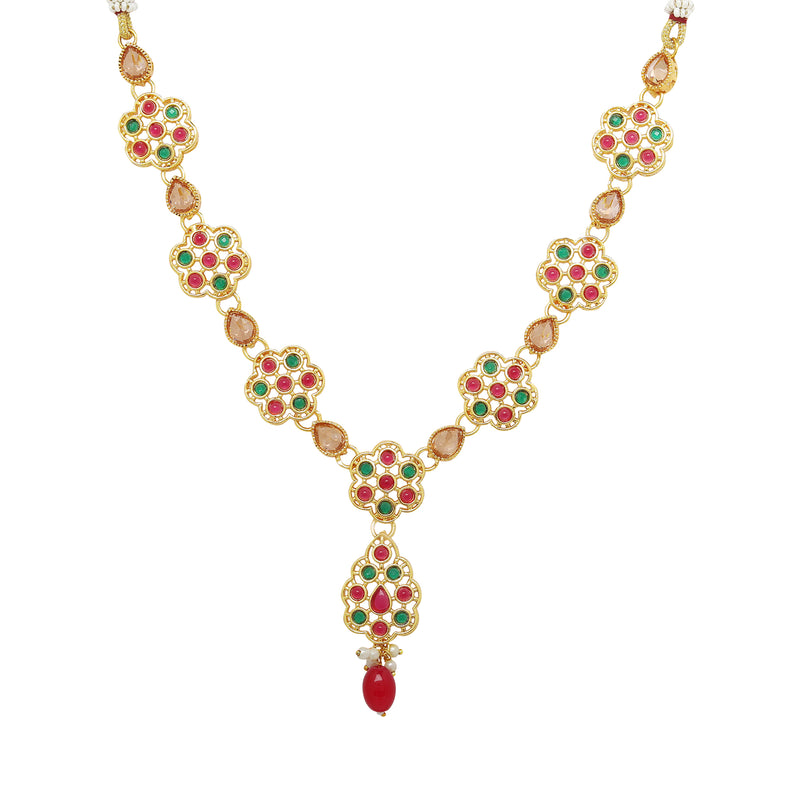 Floral Red Gold-Plated Green Kundan Studded Jewellery Set Combo