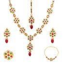 Floral Red Gold-Plated Green Kundan Studded Jewellery Set Combo