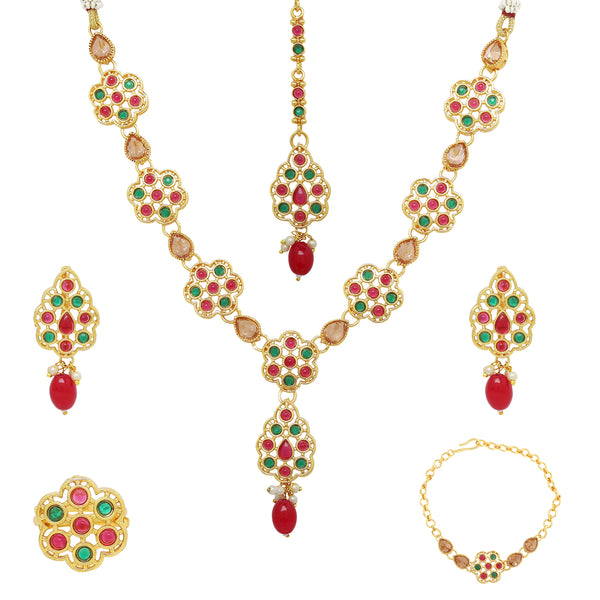 Floral Red Gold-Plated Green Kundan Studded Jewellery Set Combo