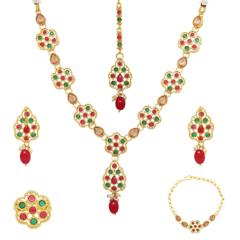 Floral Red Gold-Plated Green Kundan Studded Jewellery Set Combo