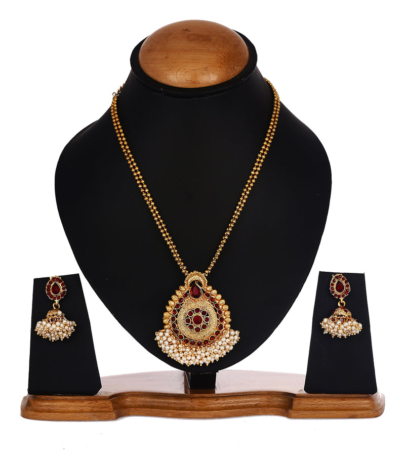 Gold Plated Brass Dazzling Pearl Red CZ Stone Studded Dual Strand Chain Necklace Style Pendant With Drop Earring