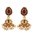 Gold Plated Brass Dazzling Pearl Red CZ Stone Studded Dual Strand Chain Necklace Style Pendant With Drop Earring