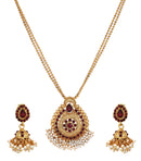Gold Plated Brass Dazzling Pearl Red CZ Stone Studded Dual Strand Chain Necklace Style Pendant With Drop Earring