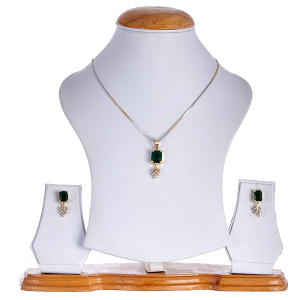 Gold-Plated Square Emerald Green Cubic Zirconia Studded Pendant Set