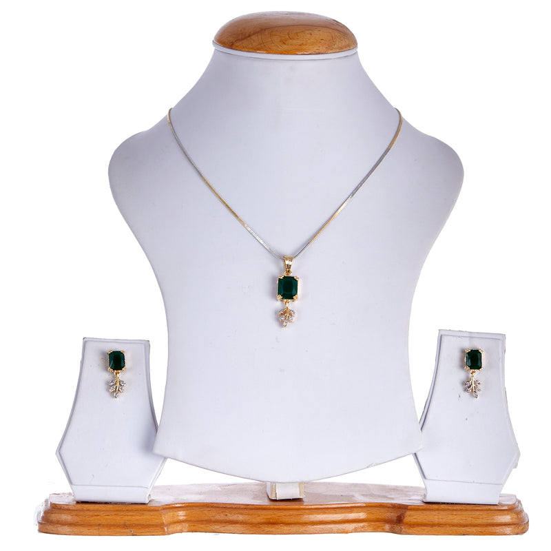 Gold-Plated Square Emerald Green Cubic Zirconia Studded Pendant Set