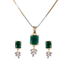 Gold-Plated Square Emerald Green Cubic Zirconia Studded Pendant Set