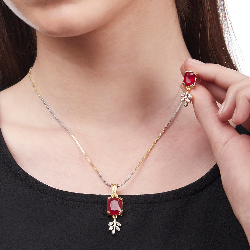 Gold-Plated Square Ruby Red Cubic Zirconia Studded Pendant Set