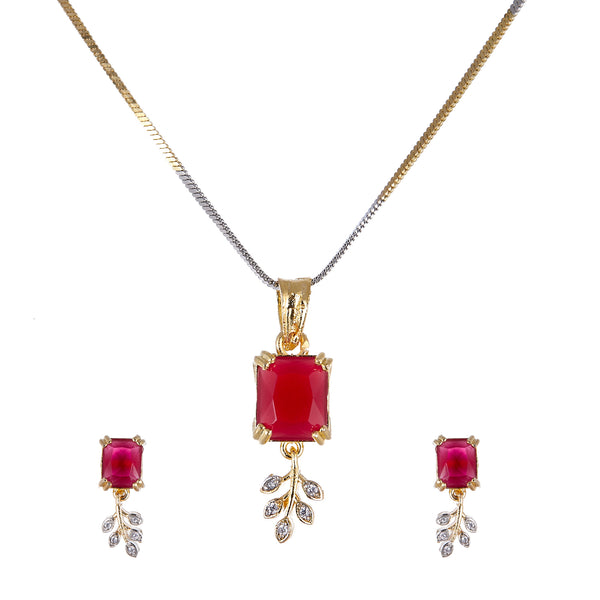 Gold-Plated Square Ruby Red Cubic Zirconia Studded Pendant Set