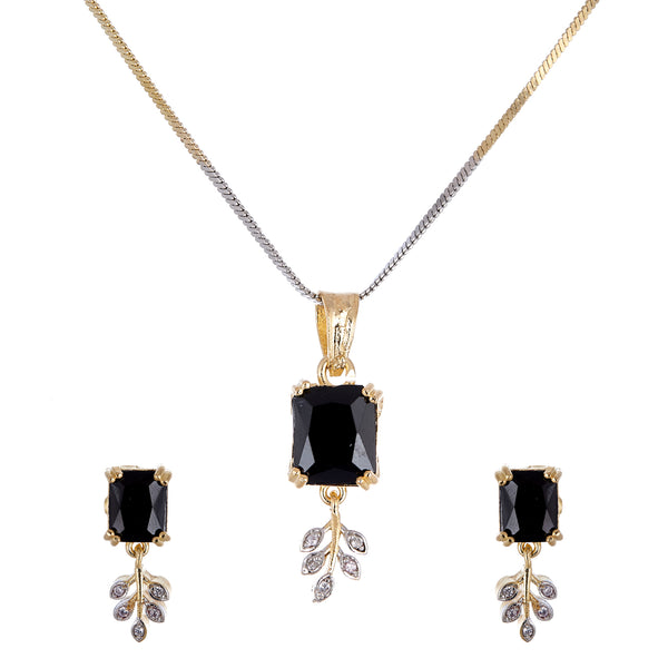 Gold-Plated Square Black  Cubic Zirconia Studded Pendant Set