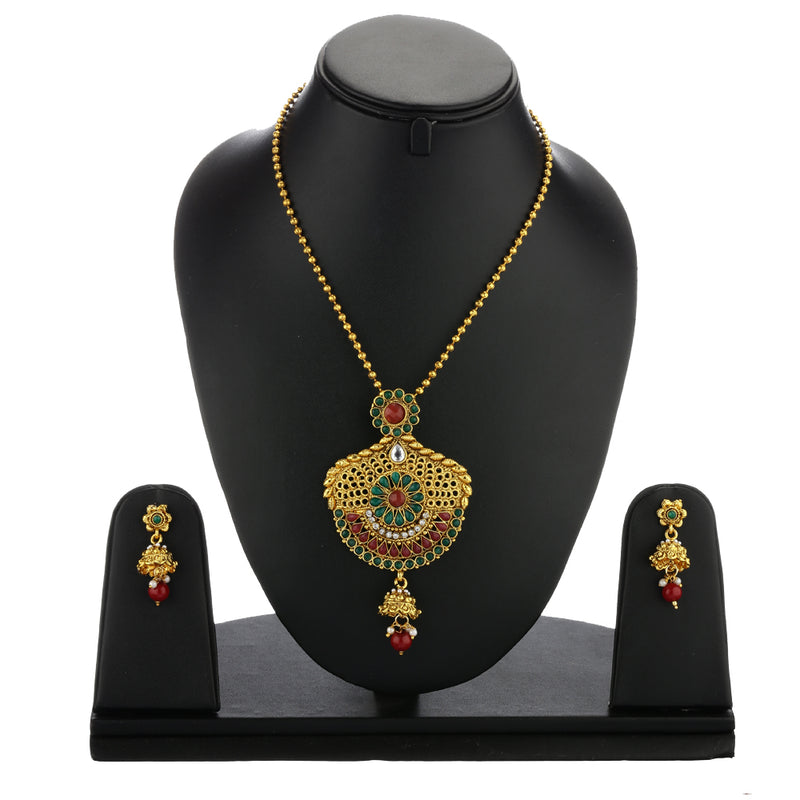 Gold Plated Antique Designer Kundan Studded Tradional Pendant With Earring Bridal Jewellery