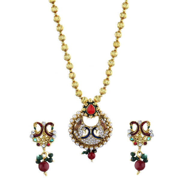 Gold Plated CZ Designer 2 Peacock Meenakari Pendant With Earrings and Golden Chain