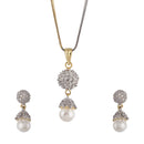 Gold-Plated White Pearl & Cubic Zirconia Studded Pendant with Chain and Earring