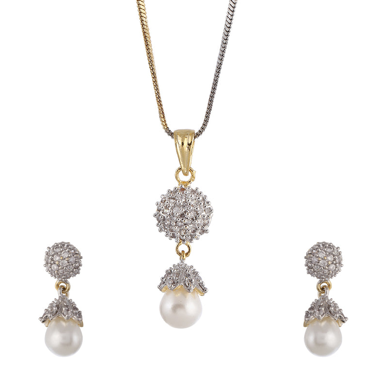 Gold Plated American Diamond Studded Solitare Style Brillant Design Pearl Drop Pendant With Earring