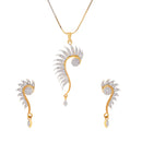 Gold Plated Feather White Cubic Zirconia Studded Pendant With Chain & Earring