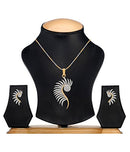Gold Plated Feather White Cubic Zirconia Studded Pendant With Chain & Earring