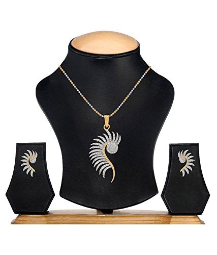 Gold Plated Feather White Cubic Zirconia Studded Pendant With Chain & Earring